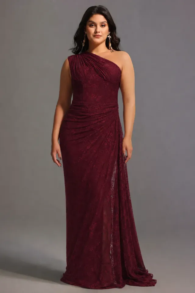 Bella Barnett Finch abito maxi pizzo rosso monospalla