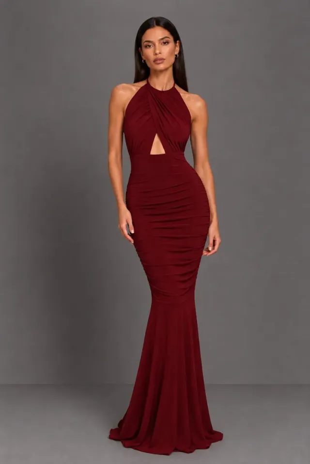 Honor Gold Erin abito lungo berry scollo halter taglia S