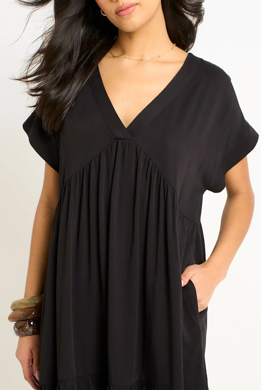 Gini London abito mini smock nero scollo V balze