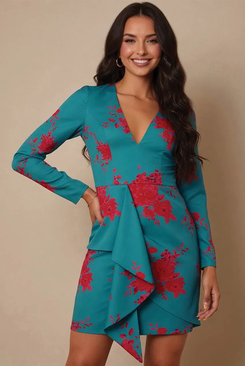 Chi Chi London abito mini floreale manica lunga teal crepe