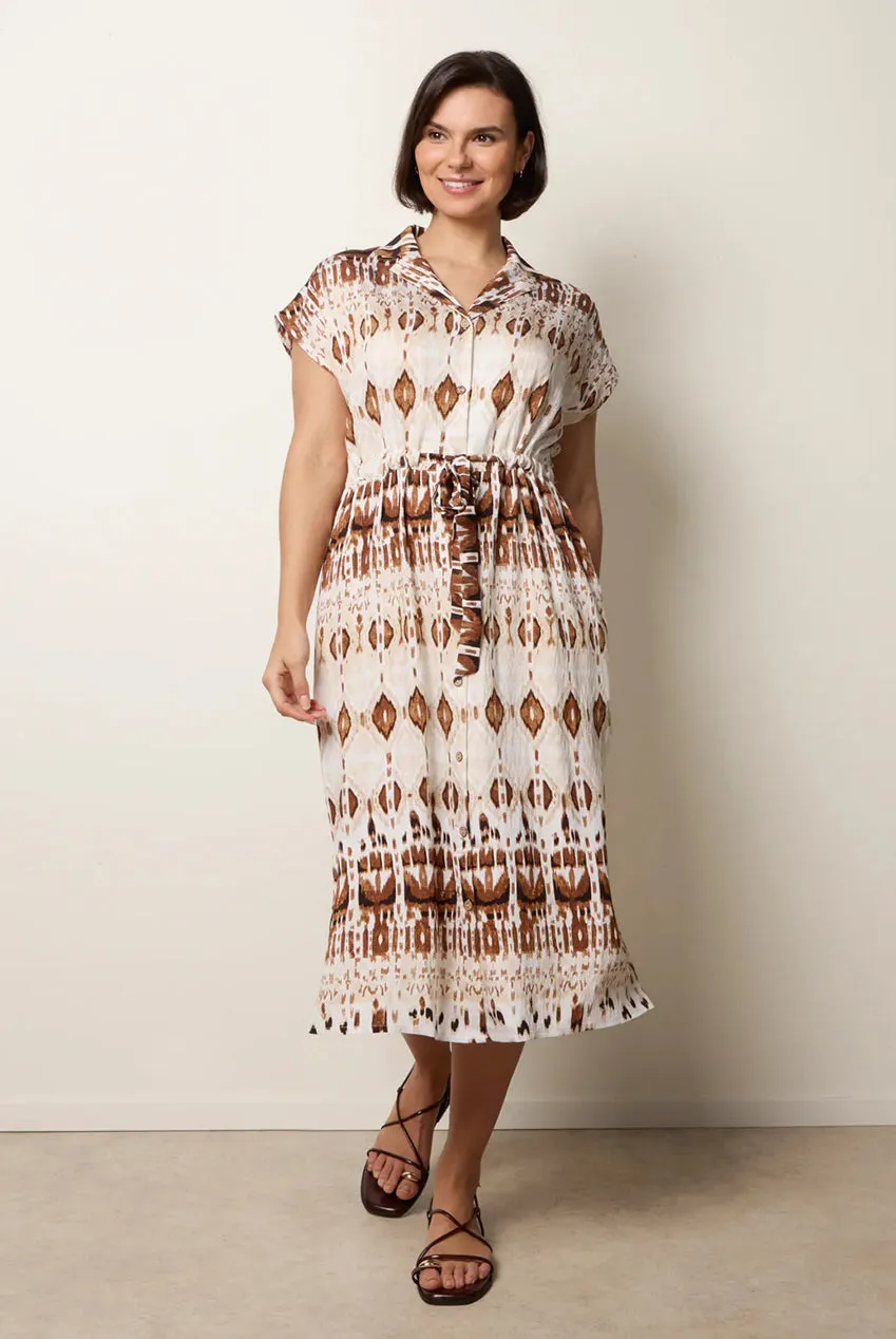 Blue Vanilla Drawstring abito camicia midi mocha manica corta