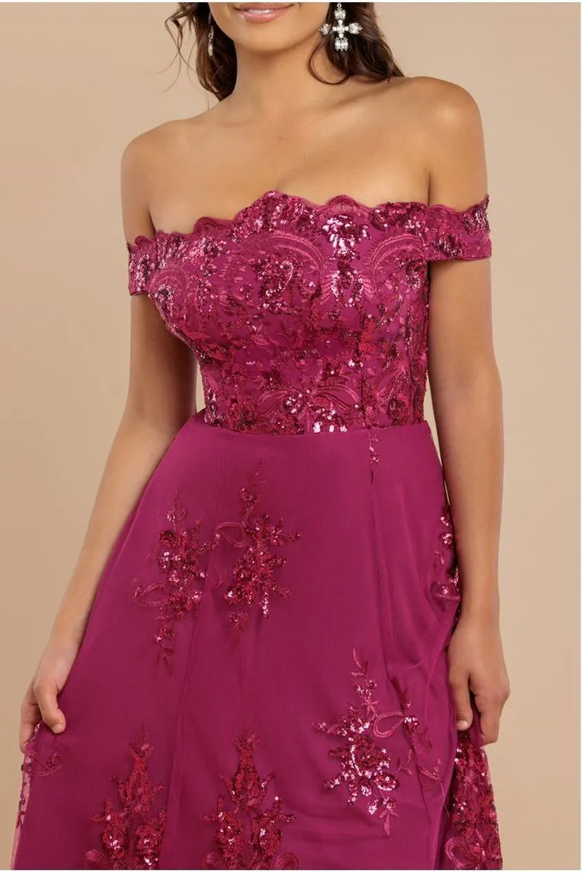 Goddiva Bardot abito midi pizzo paillettes magenta 8