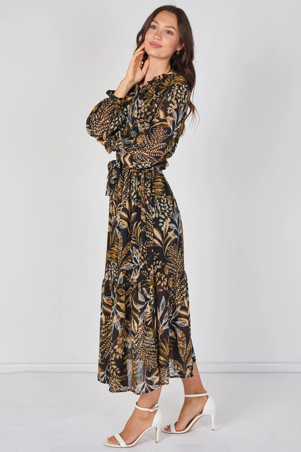 Love Sunshine Botanical abito maxi chiffon marrone con cintura