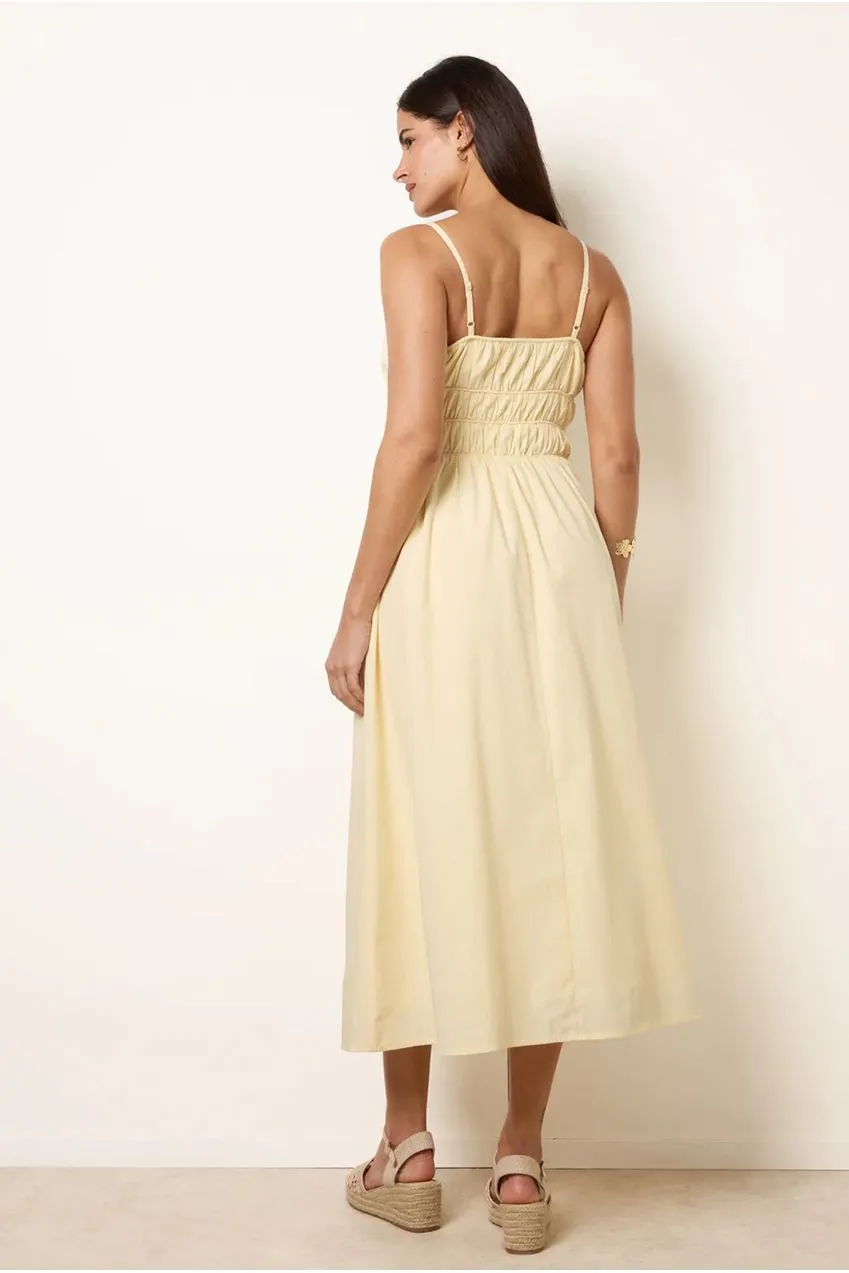 Blue Vanilla Ruched Binding Strappy Abito Midi Giallo in Cotone