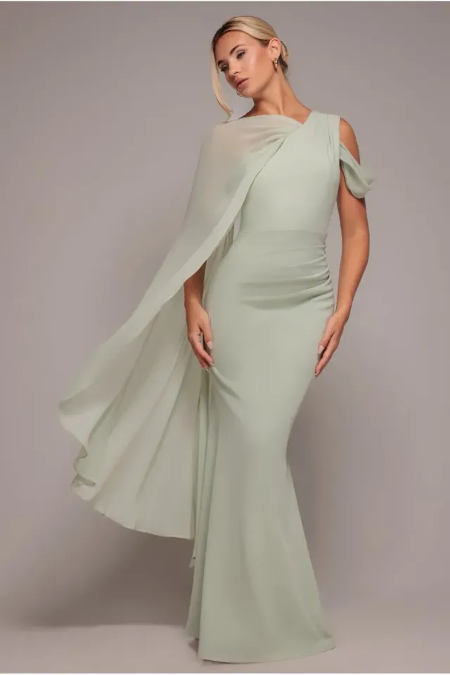 Goddiva One Shoulder Cape abito maxi verde salvia crepe