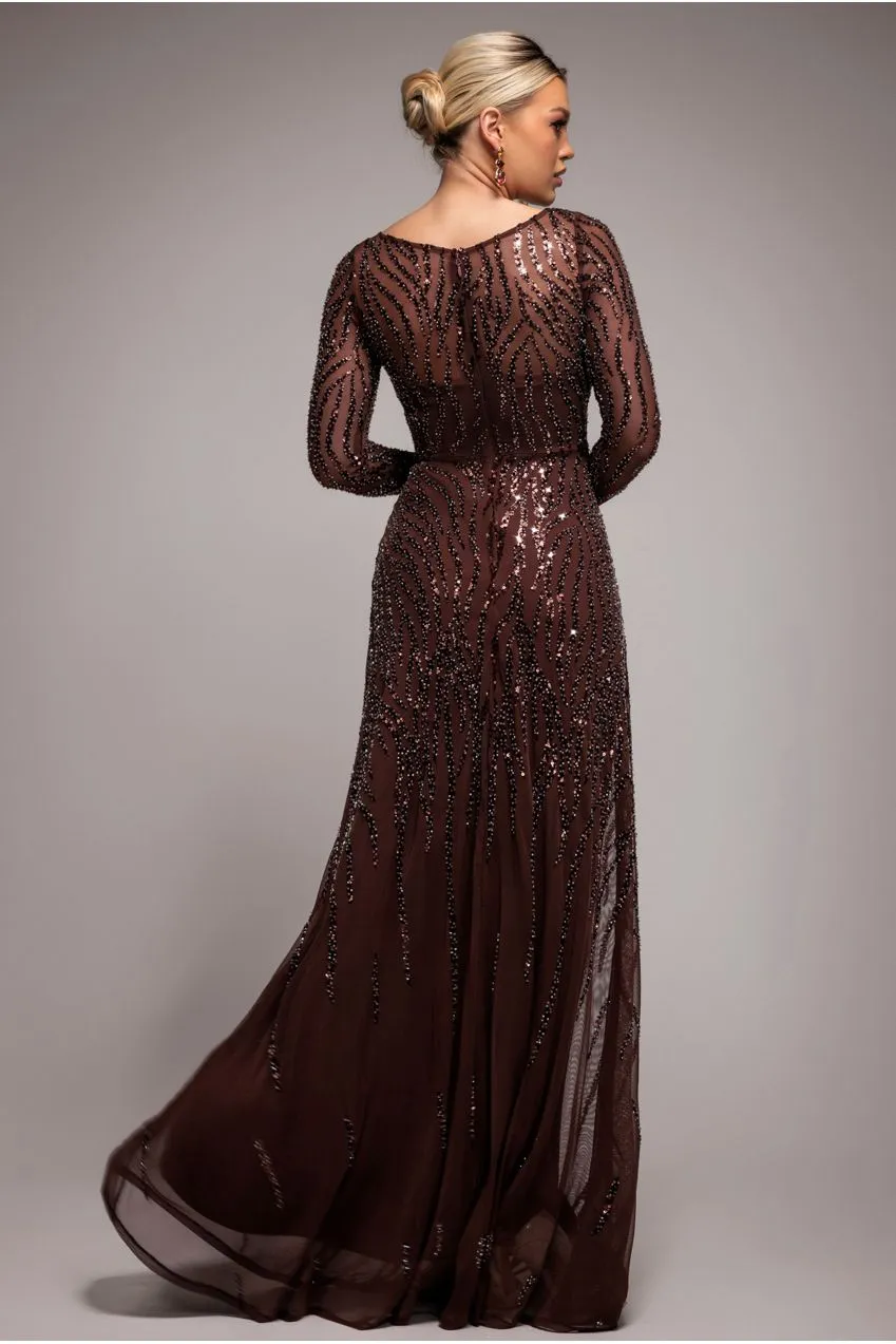 Goddiva Ombre abito maxi paillettes marrone
