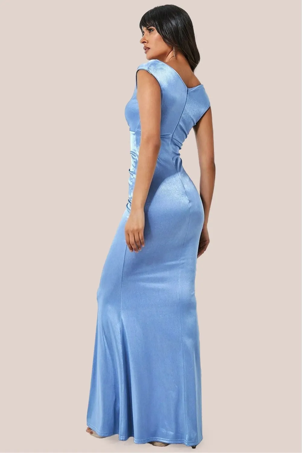 Goddiva DR3580 abito raso blu polvere spalle scoperte