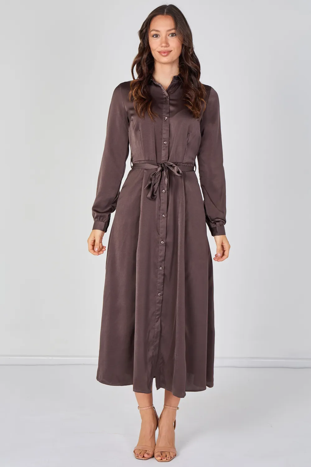 Love Sunshine abito camicia maxi mocha satin cintura
