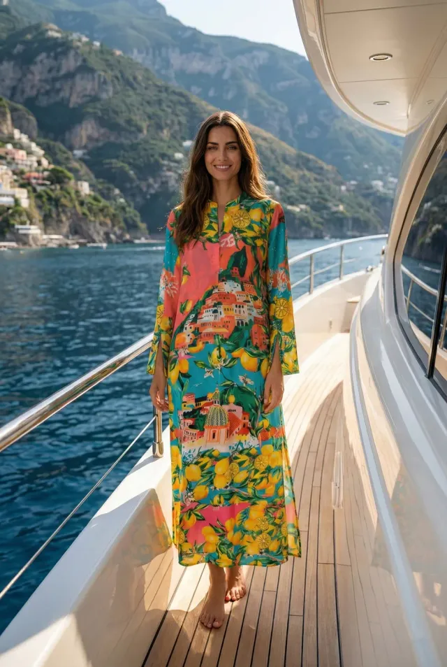 Antica Sartoria Positano FC010 kaftano lungo rosa polysatin