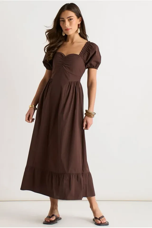 Gini London Brown Gypsy Puff abito midaxi marrone maniche