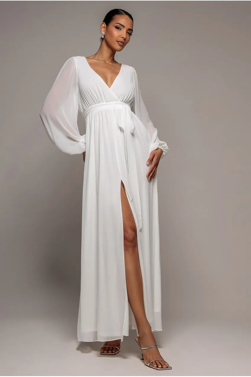 Goddiva Chiffon abito maxi bianco spacco maniche lunghe