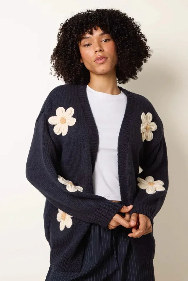 Blue Vanilla Daisy Flower cardigan navy S/M ricamato