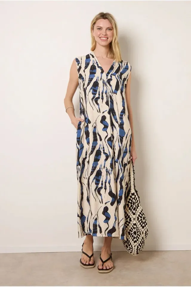 Blue Vanilla Collarless abito blu scollo V stampa astratta