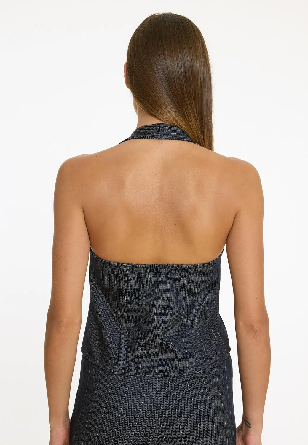 Ana Alcazar Apara gilet blu halterneck gessato