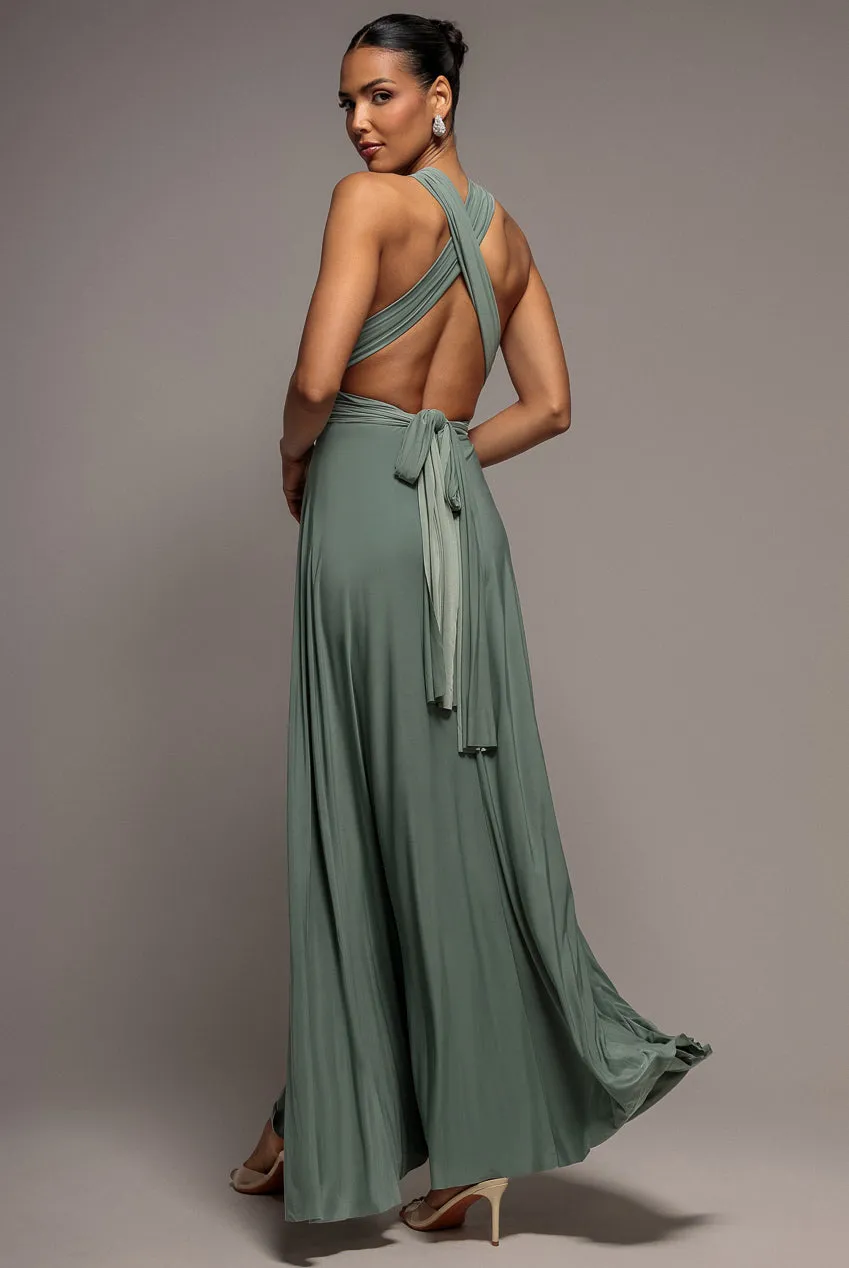 Goddiva Multiway Tie-Up abito lungo verde salvia maxi