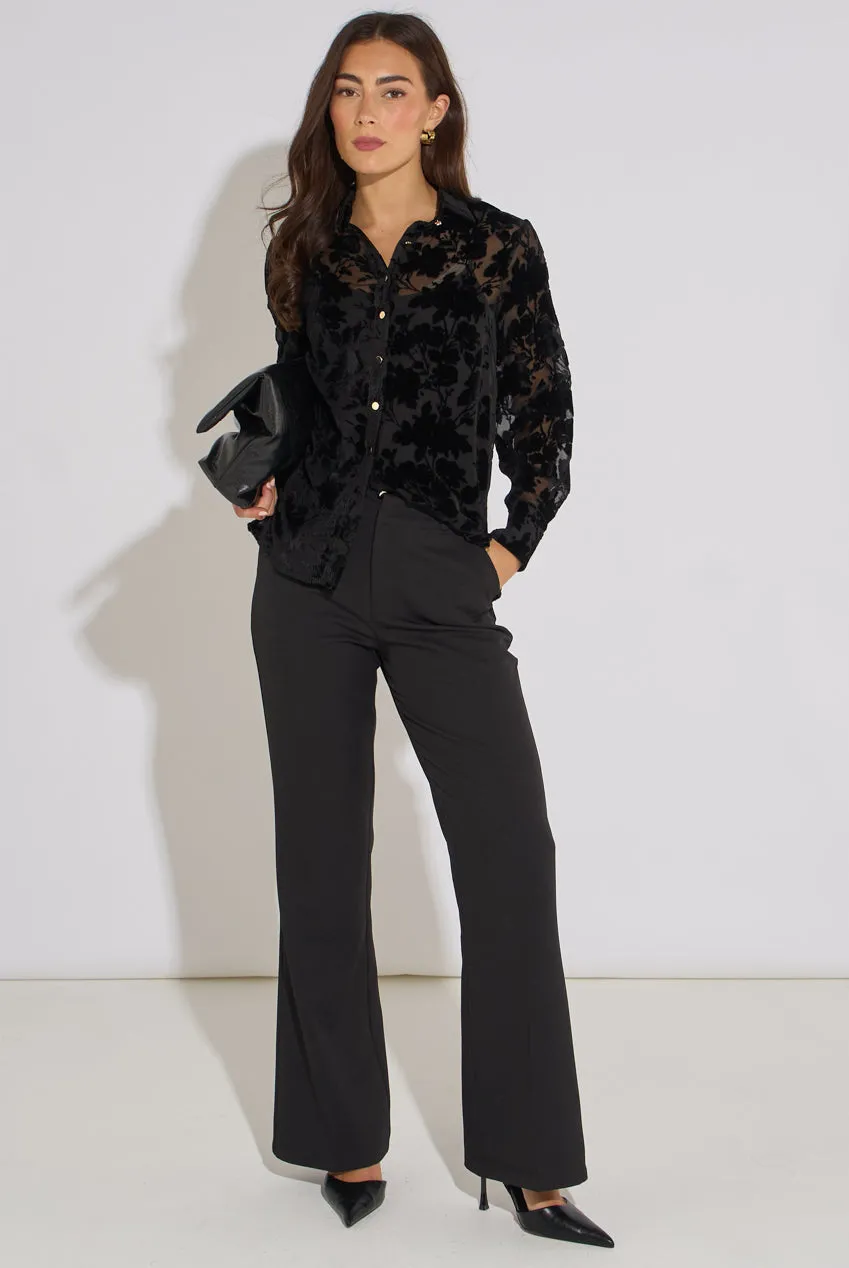 Gini London Black Floral Burnout camicia nera maniche lunghe