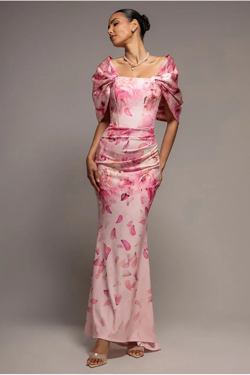 Goddiva Satin Bow Back abito lungo rosa cipria floreale