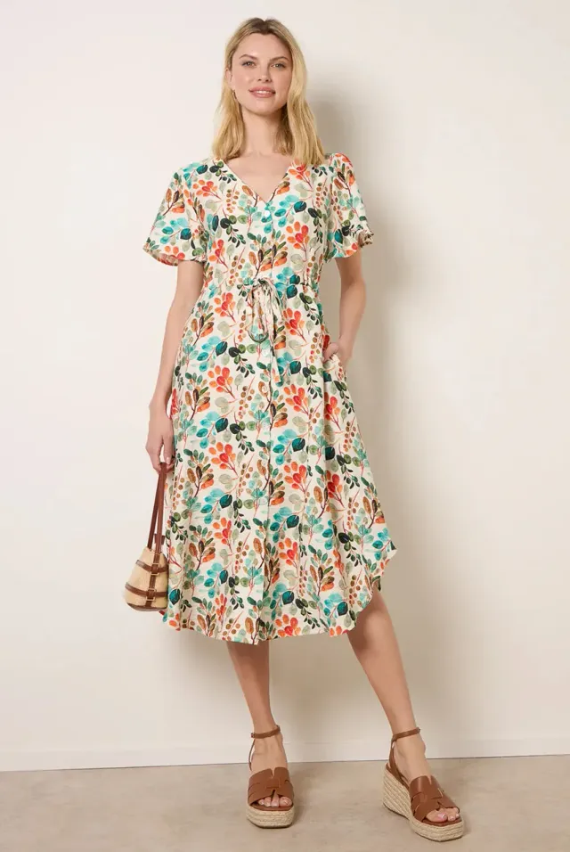 Blue Vanilla Leaf Print abito camicia midi arancione foglie