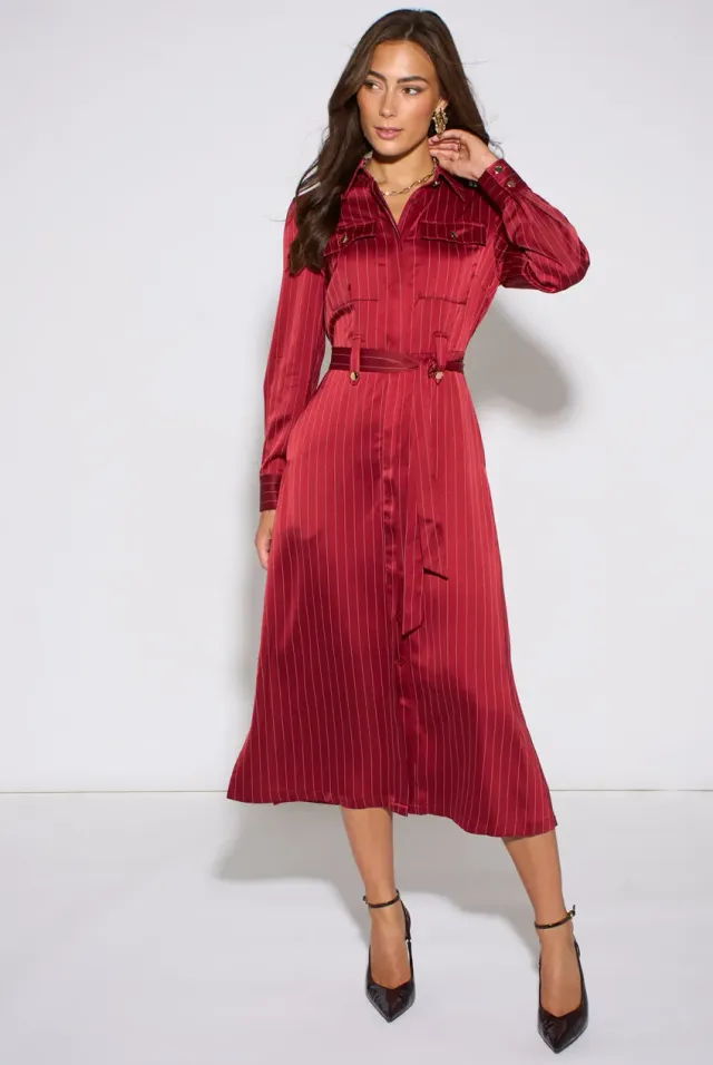 Gini London Pinstripe abito camicia berry 10 maniche