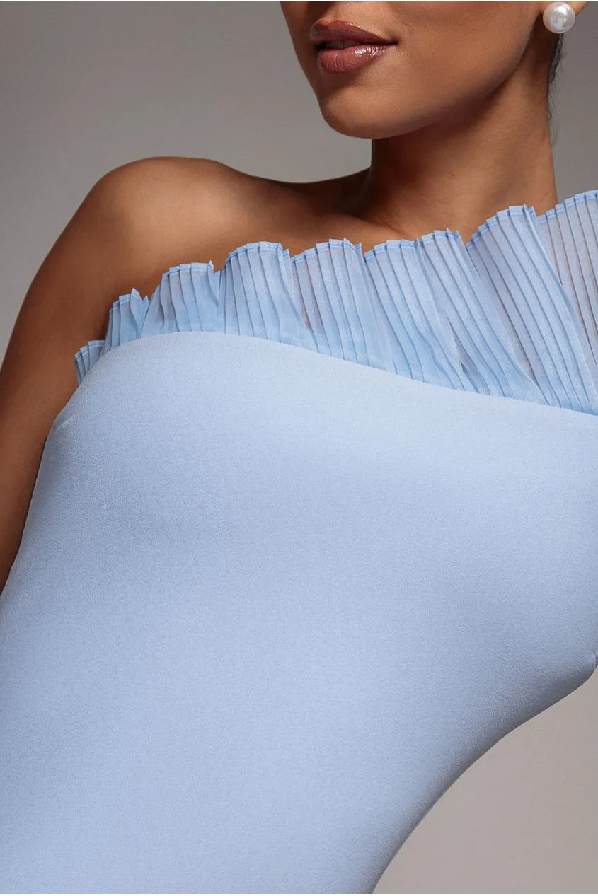 Goddiva monospalla abito maxi azzurro sirena organza scuba