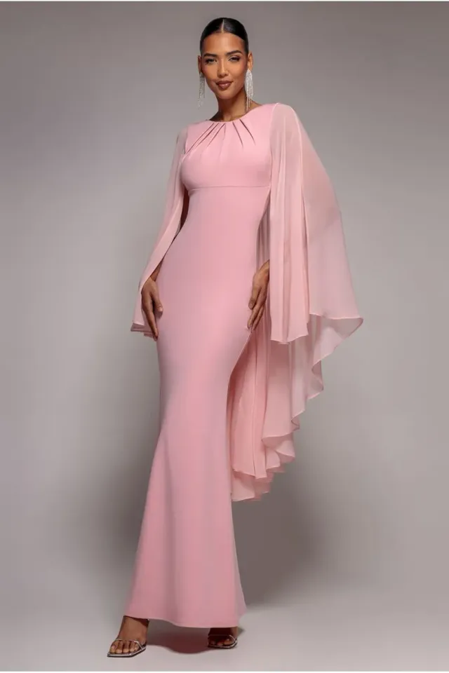 Goddiva Cape Sleeve abito maxi blush scuba chiffon