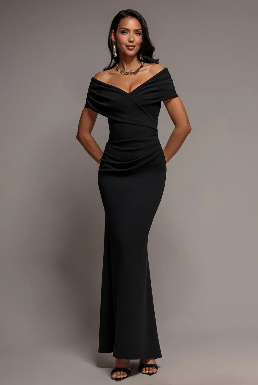 Goddiva Bardot abito sirena plissettato nero maxi