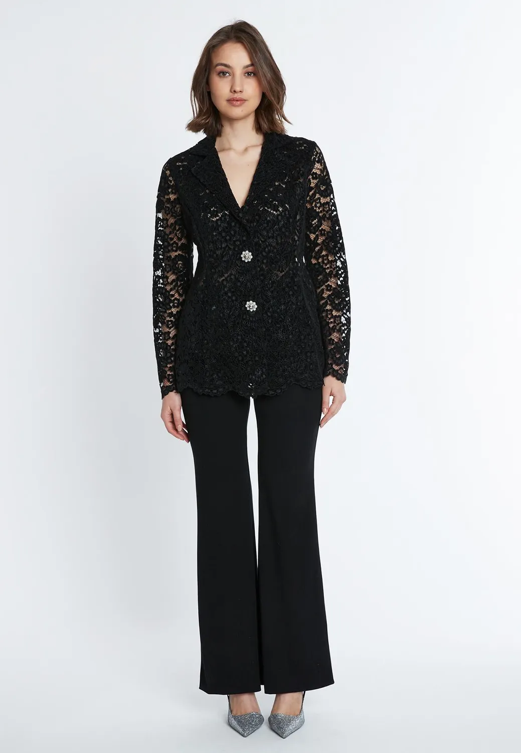 Ana Alcazar Saha blazer pizzo nero bottoni perla