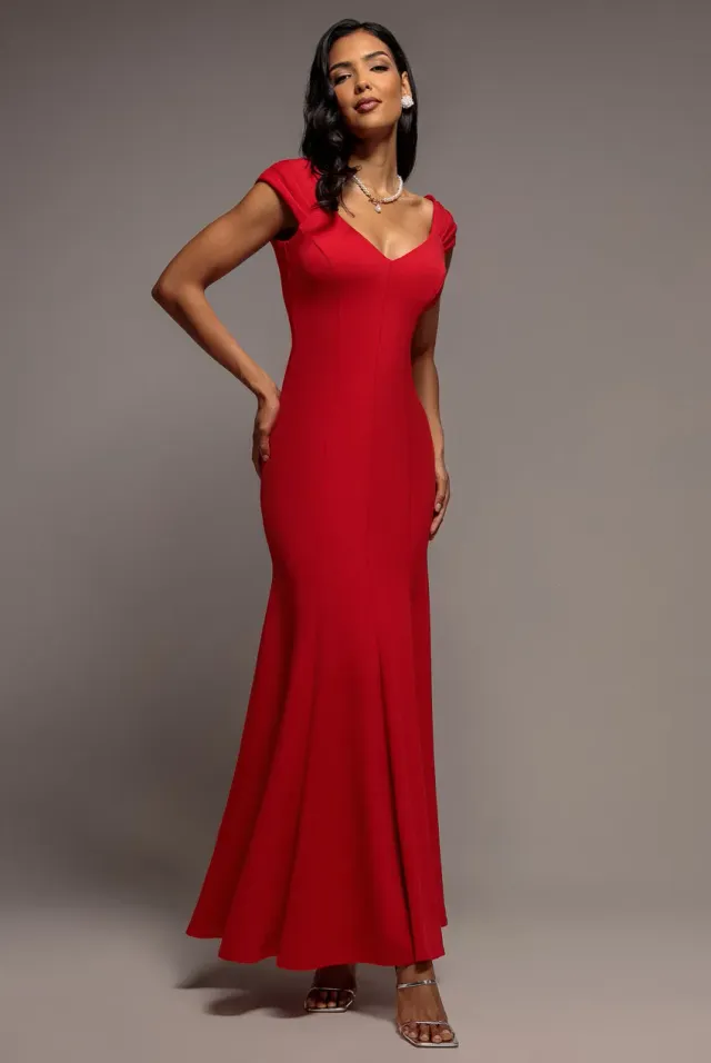 Goddiva Pleated Fit & Flare abito maxi rosso scuba