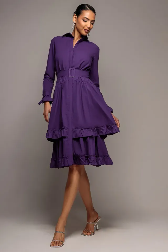 Goddiva Tiered Shirt abito midi viola con cintura