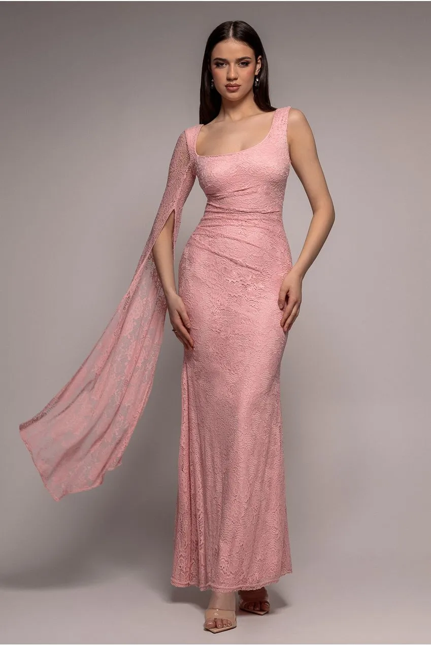 Goddiva Cape abito maxi rosa cipria pizzo monospalla