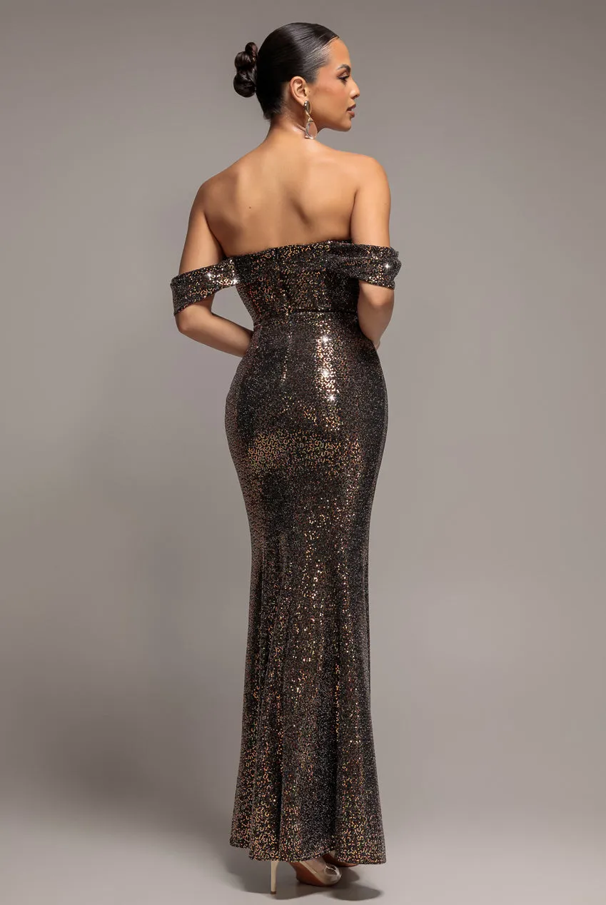 Goddiva Sequin Lurex abito maxi oro multi spalle scoperte