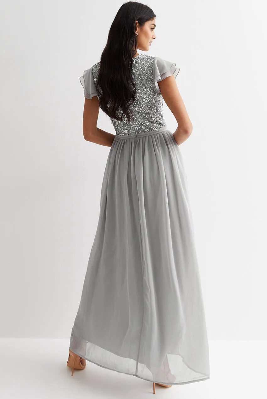 Gini London Embellished maxi abito argento ricamato