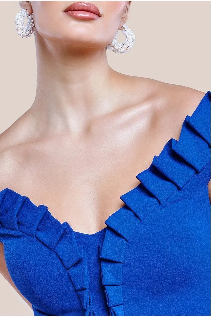 Goddiva DR4204 abito midi blu royal spalle scoperte