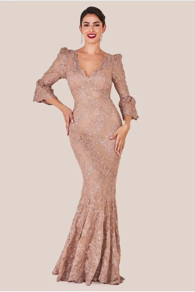 Goddiva Scalloped Lace abito lungo pizzo champagne