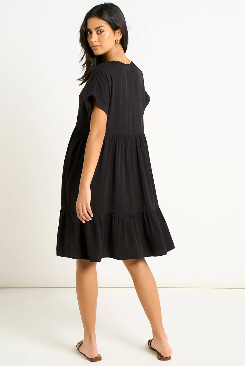Gini London abito mini smock nero scollo V balze