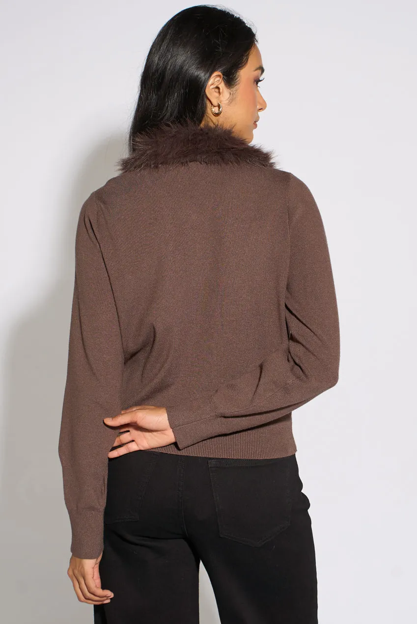 Gini London Brown Fur Trim Cardigan Marrone con Pelo
