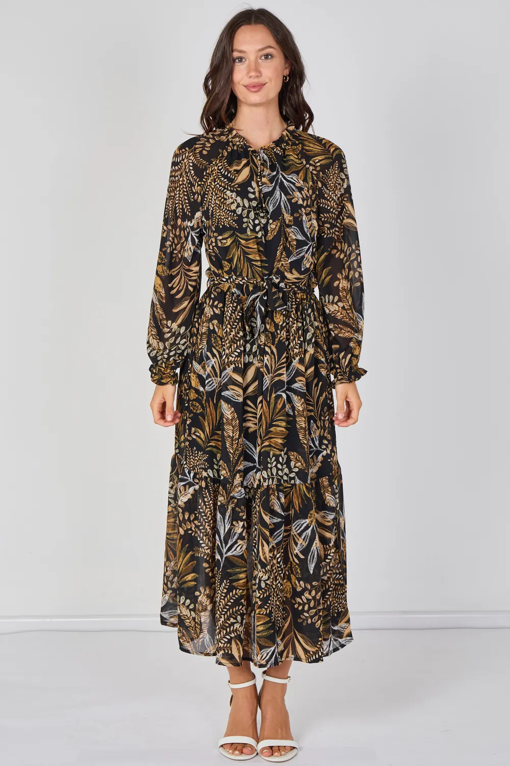 Love Sunshine Botanical abito maxi chiffon marrone con cintura