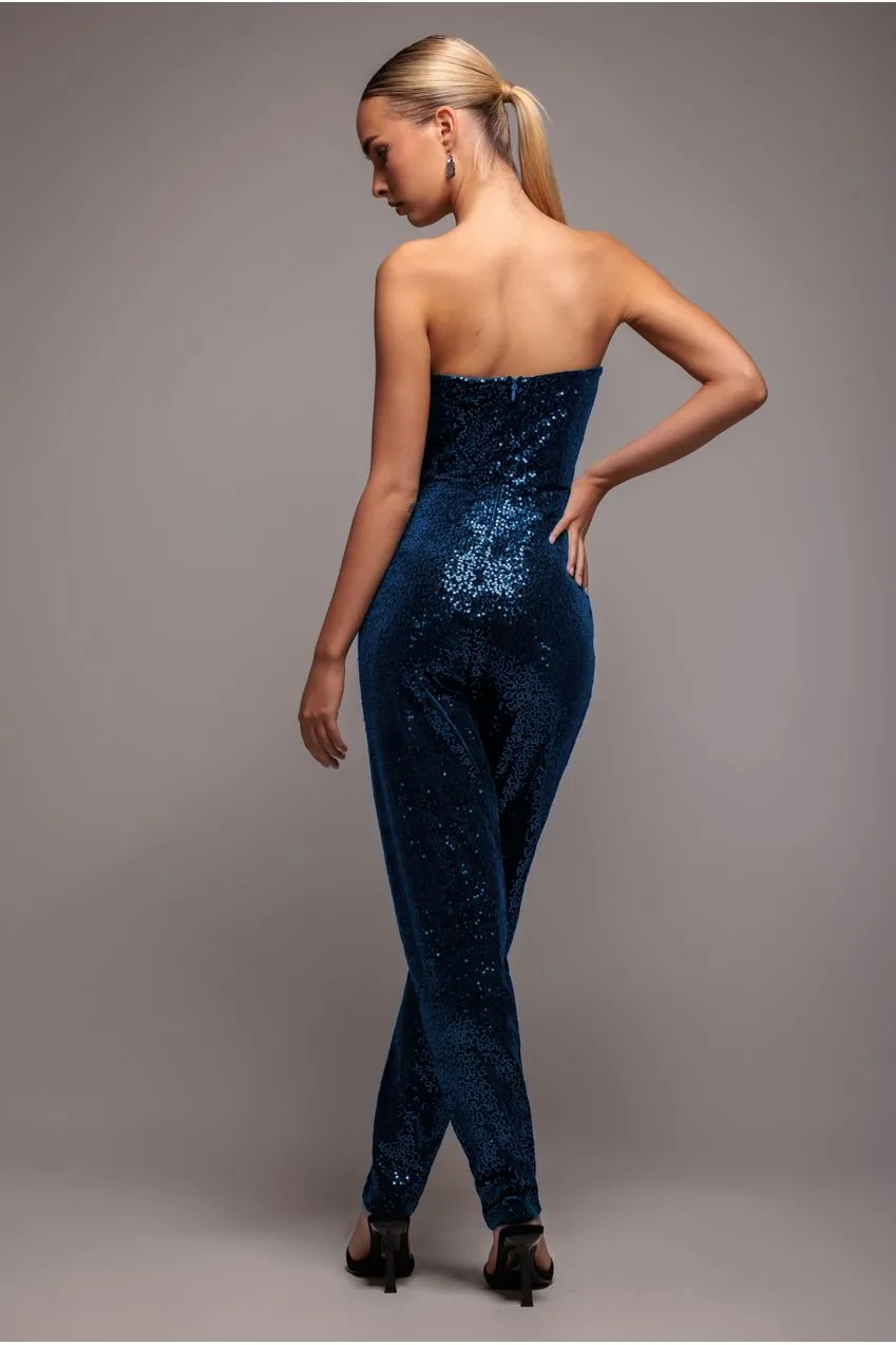 Goddiva Sequin Velvet Corset tuta blu paillettes