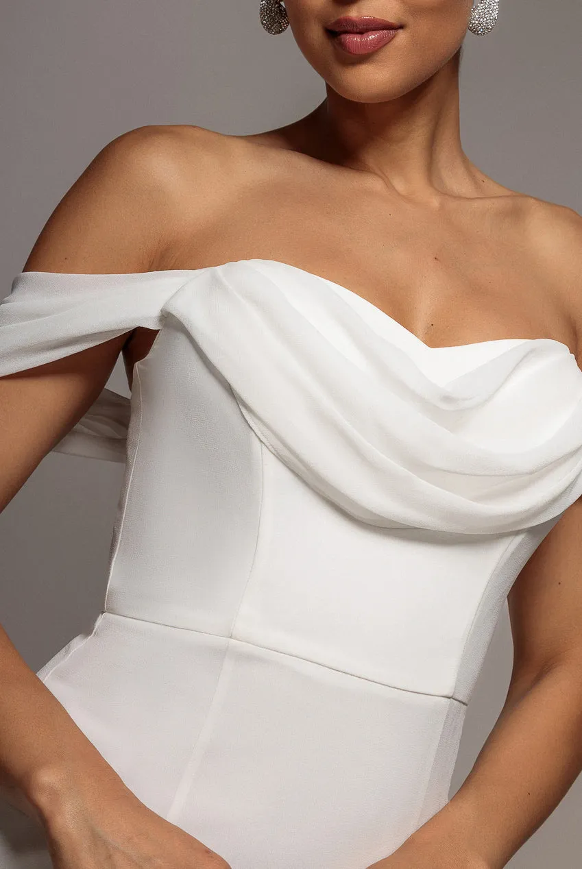Goddiva Chiffon Bardot Cowl Neck abito maxi bianco scollo