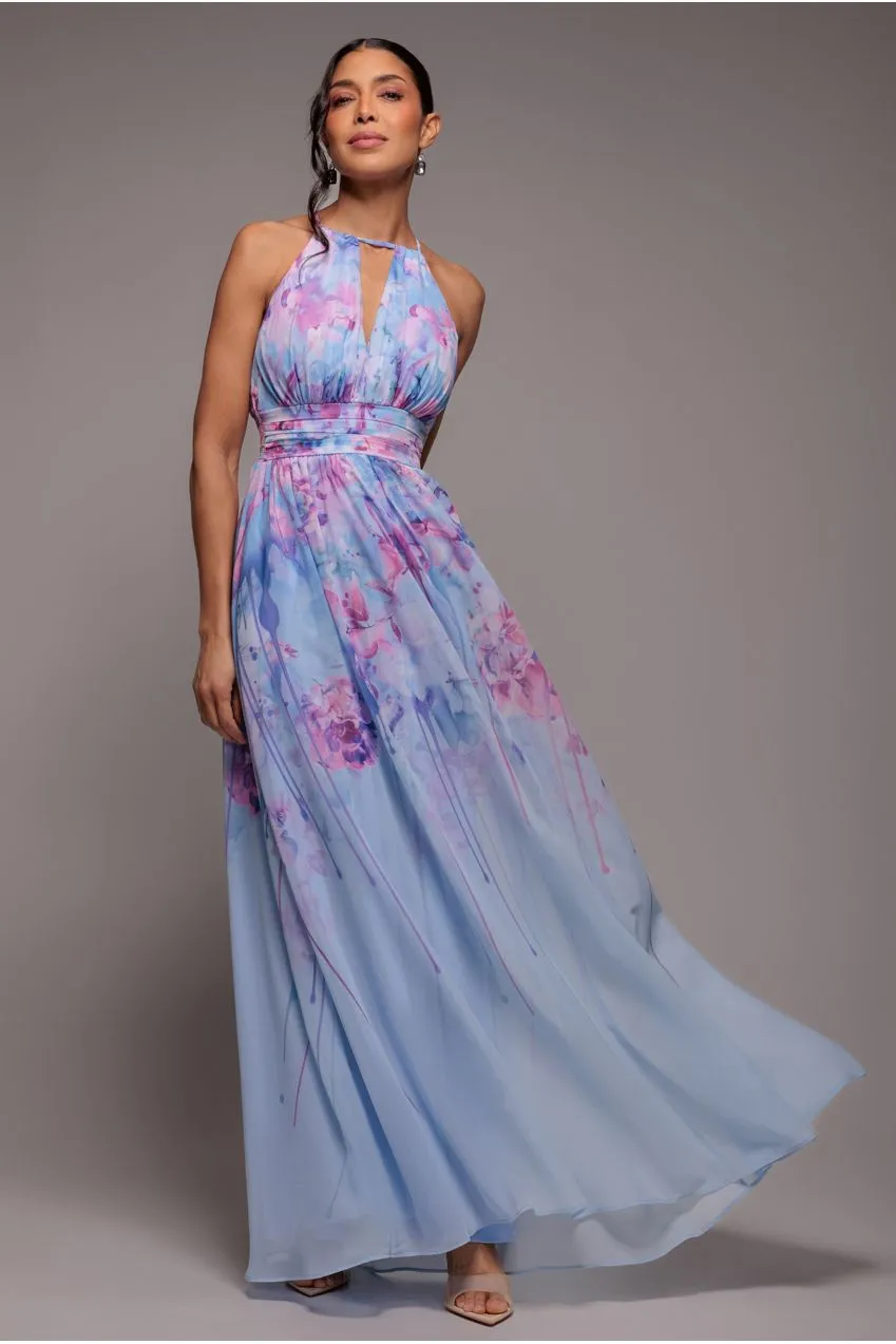 Goddiva Halter abito maxi chiffon blu floreale scollo allacciato