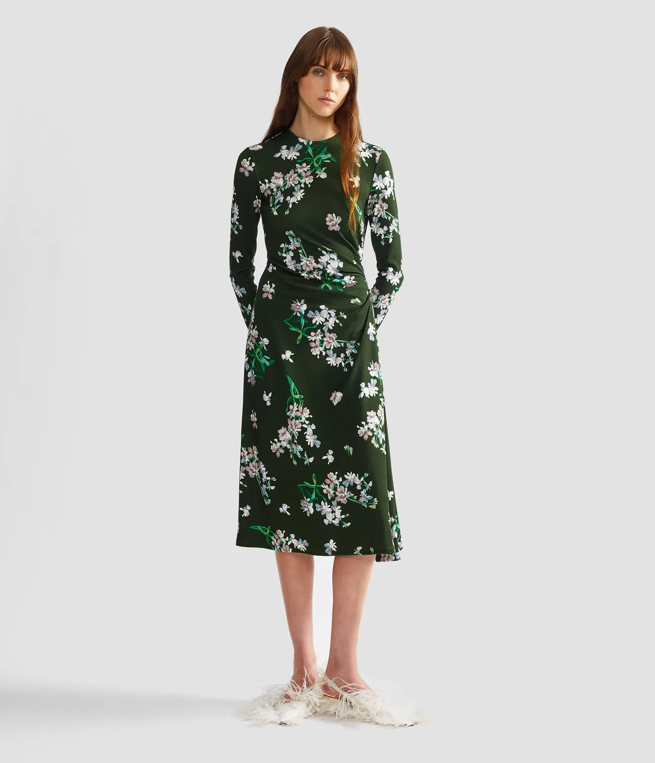 Erdem Floral Ponte Long Sleeve Midi Dress abito midi verde