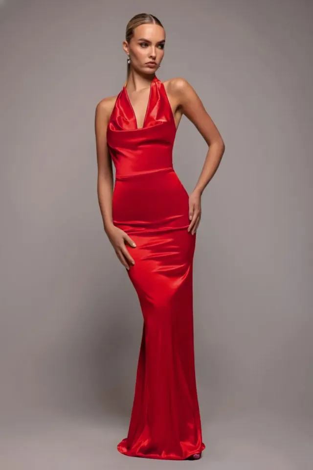 Goddiva Halter Cowl Neck abito maxi rosso schiena aperta