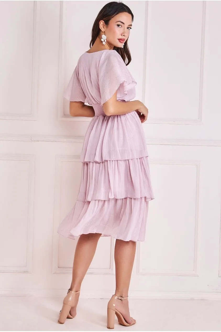 Goddiva Abito Chiffon Rosa Lurex a Balze Midi