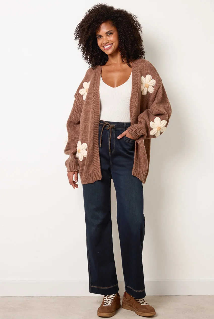 Goddiva Blue Vanilla Daisy Cardigan coffee S/M ricamo fiori