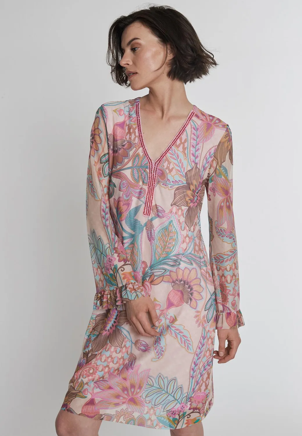 Ana Alcazar Pelia vestito tunica rosa floreale corto