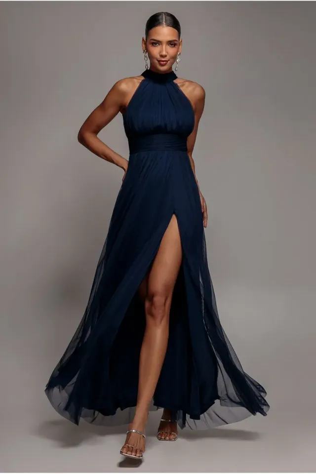 Goddiva Halter Neck Mesh abito maxi navy blue 12 spacco