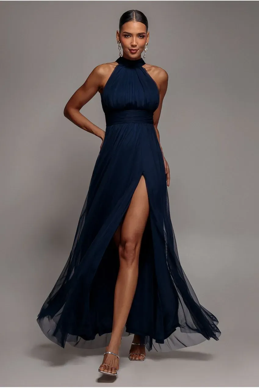 Goddiva Halter Neck Mesh abito maxi navy blue 12 spacco