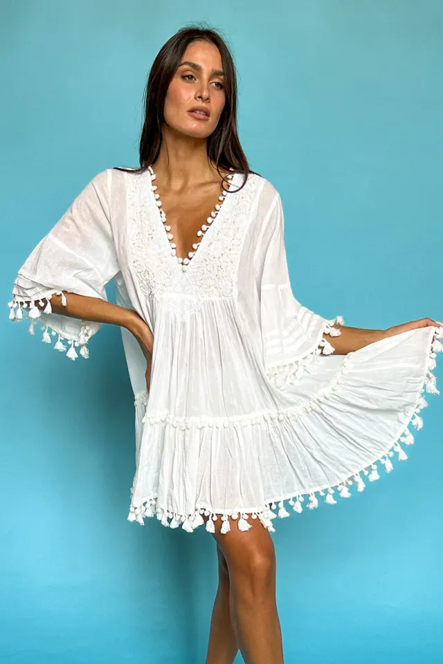 Antica Sartoria DV1417 abito corto scollo a V bianco cotone