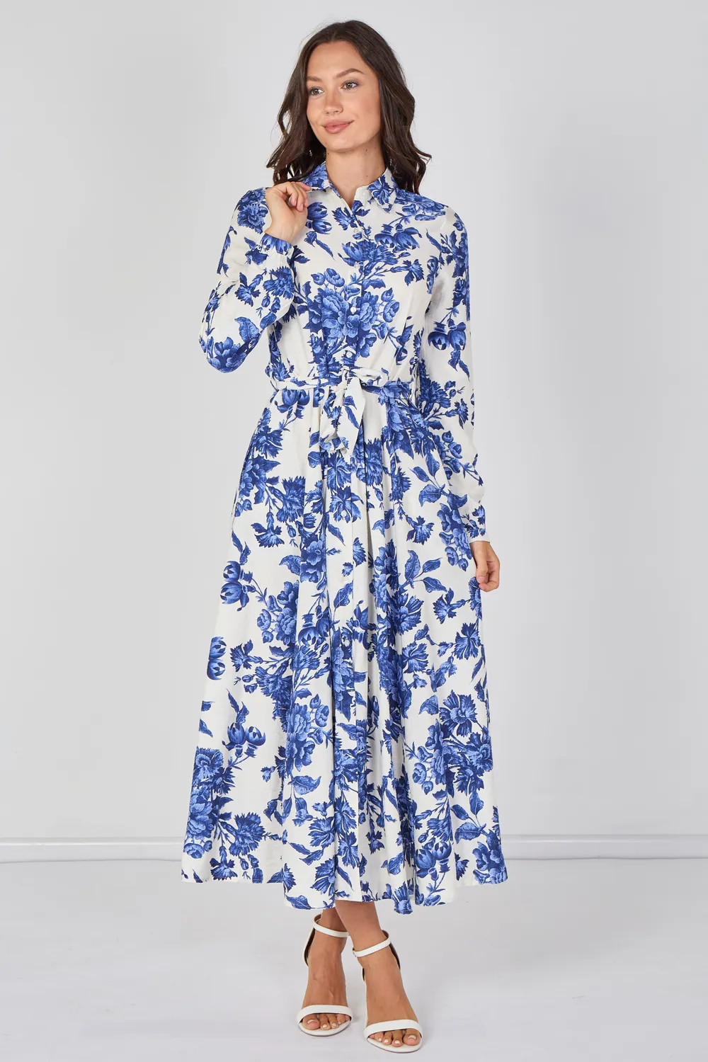 Love Sunshine Porcelain abito camicia maxi blu cintura