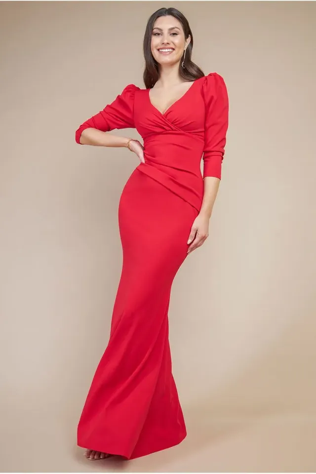 Goddiva Front Wrap Pleated Scuba abito maxi rosso incrociato
